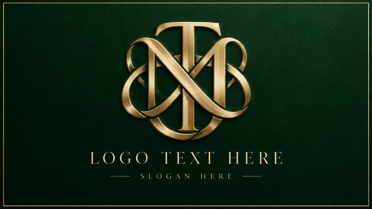 Elegant luxury MT interlocking monogram logo design with continuous golden line art on dark emerald card