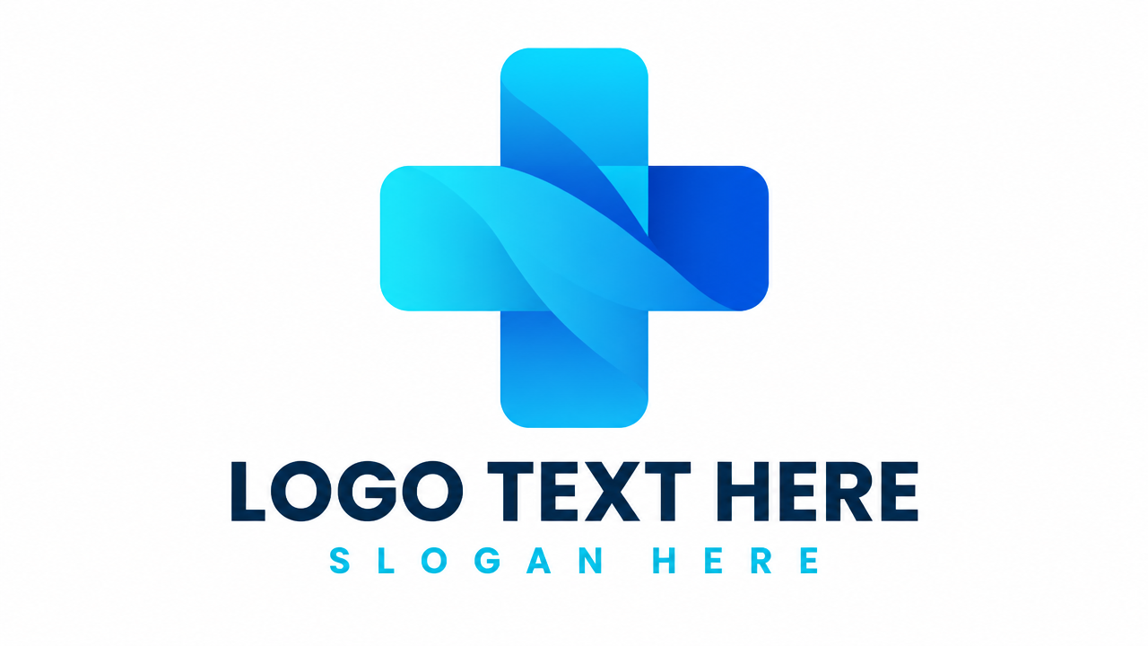 Modern minimalist healthcare logo design featuring a glowing cyan and blue geometric cross icon with clean sans-serif typography