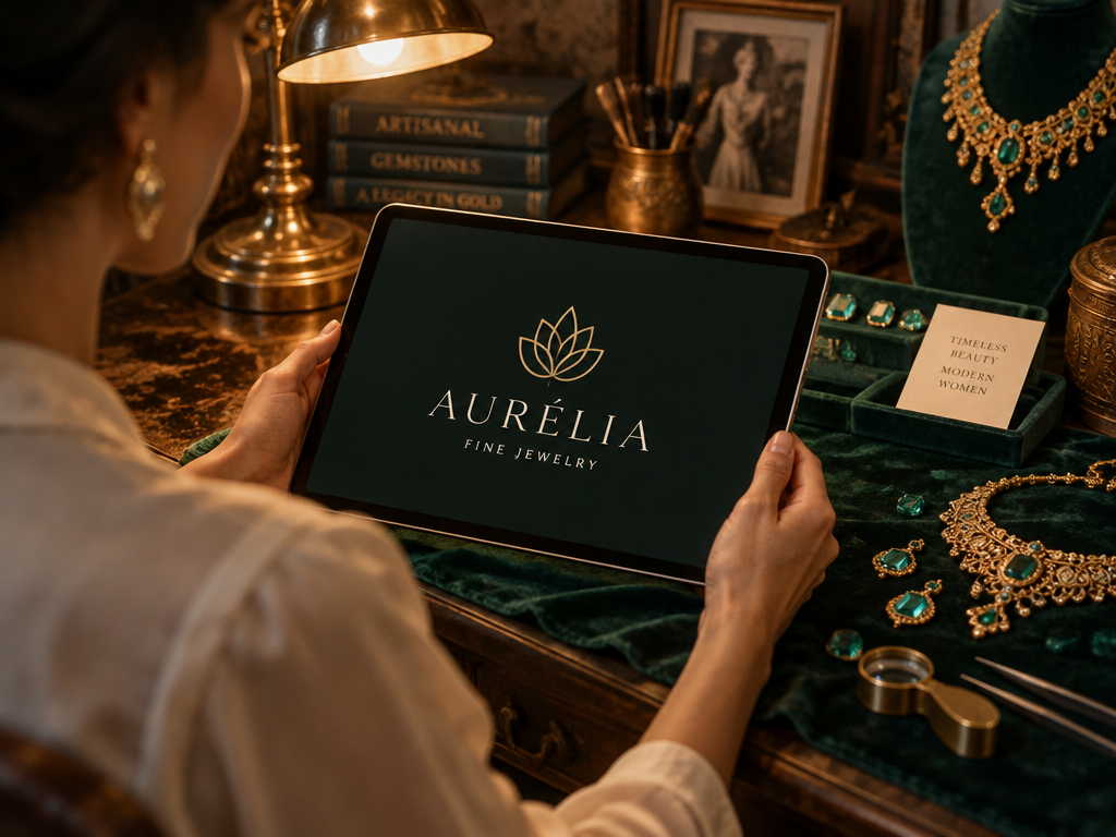 A jewelry boutique owner holding a tablet showing a finished luxury logo over a vintage antique jewelry workbench