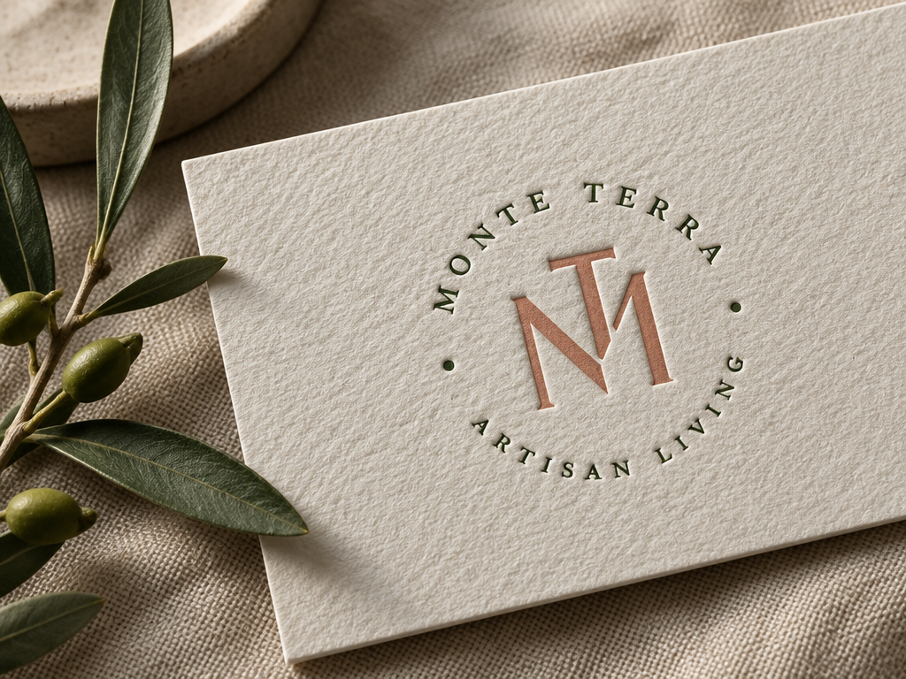 High-end letterpress MT monogram logo debossed on textured cotton paper beside an olive sprig on linen
