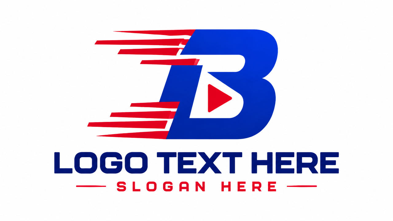 Dynamic breaking news logo design featuring a bold blue letter with red speed stripes and modern sans-serif typography