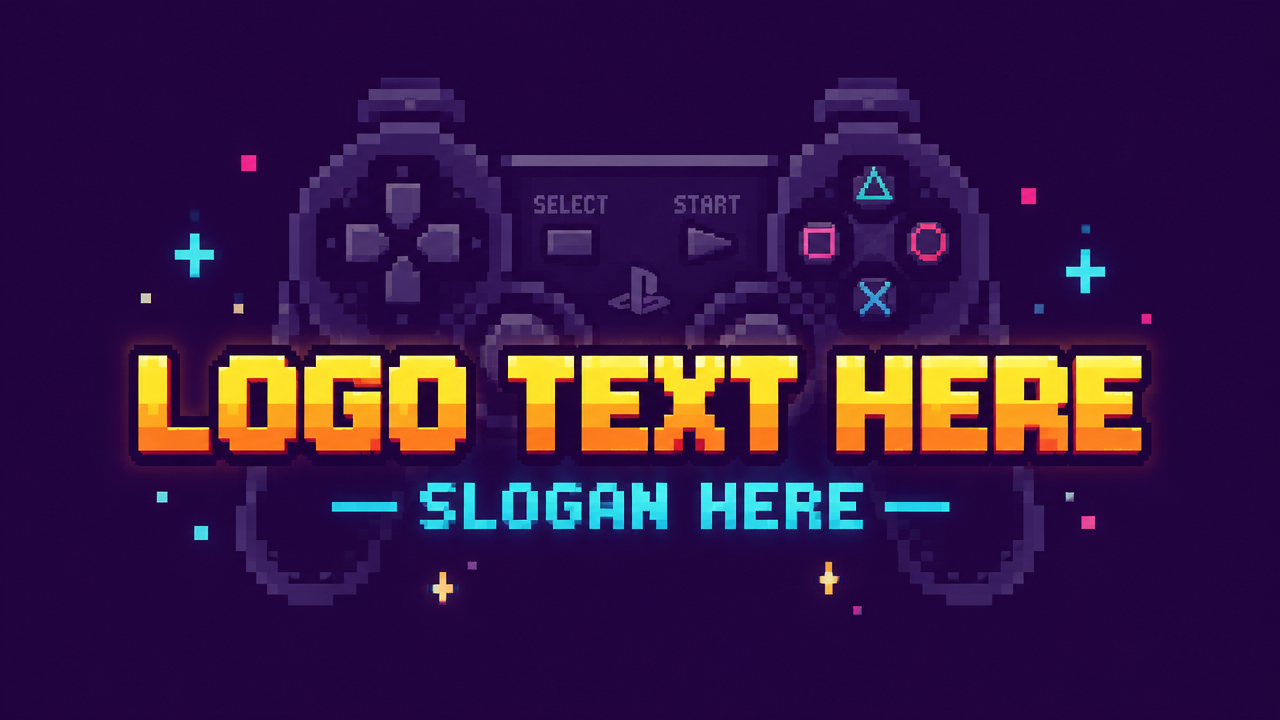 Retro 8-bit pixel art gaming logo design featuring a DualShock controller silhouette and glowing arcade typography on purple card