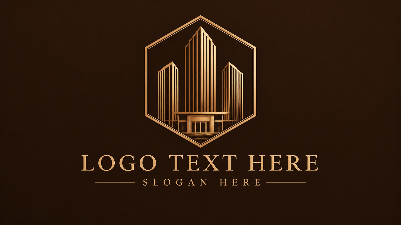 Modern minimalist luxury hotel logo design with golden high-rise lines inside a geometric hexagon on dark chocolate background