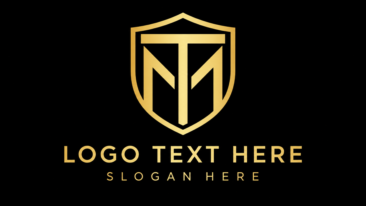 Luxury MT monogram shield logo design with golden monoline geometric crest on black card
