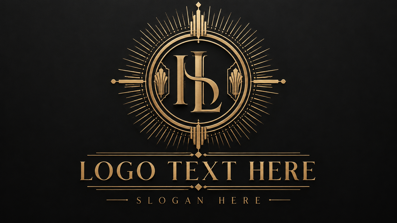 Vintage Art Deco hotel seal logo design with radiant sunburst lines and monogram frame on dark charcoal background