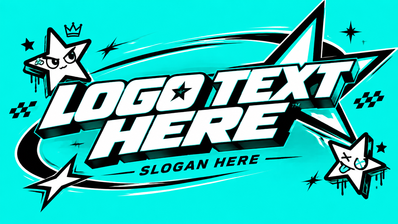 Bold Y2K street style Instagram logo design with angular stars and slanted sports typography on teal background
