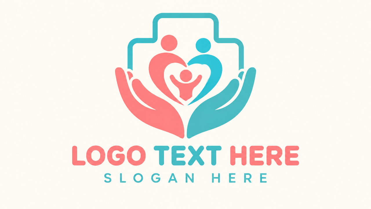 Compassionate family hospital logo design with gentle caring hands forming a medical cross and heart on soft background