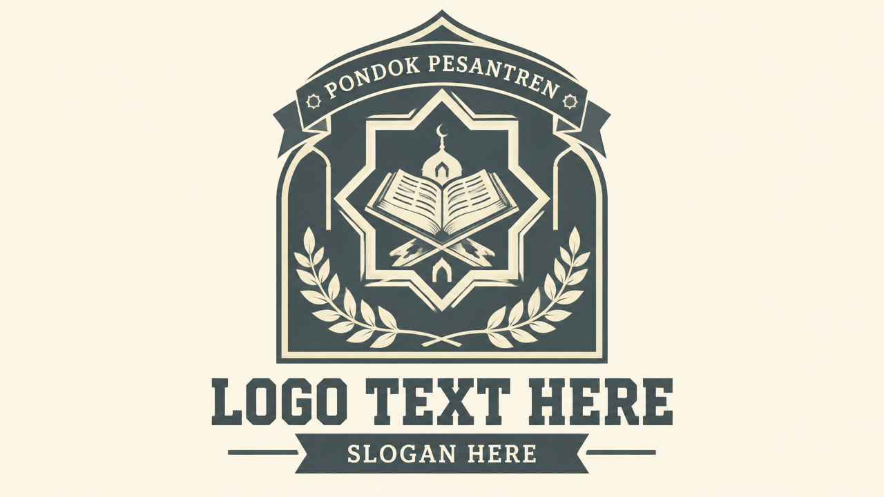 Retro vintage Islamic school emblem logo design with arched badge, open Quran, and laurel wreath on cream background