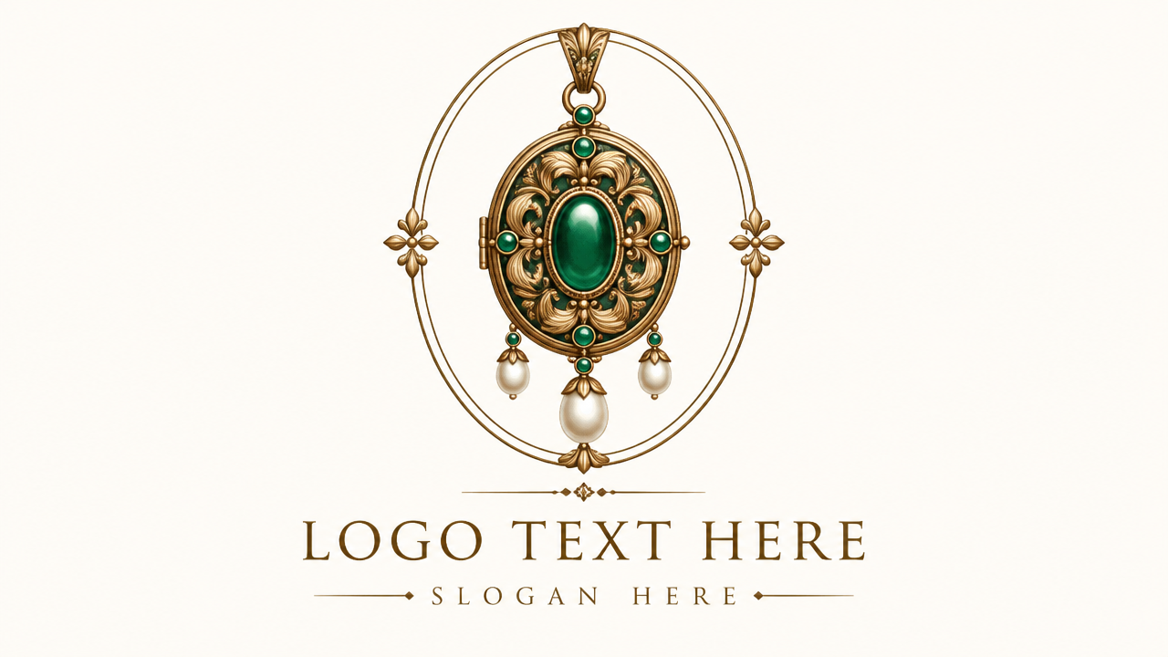 Vintage antique jewelry logo design with an ornate filigree emerald pendant inside an oval frame