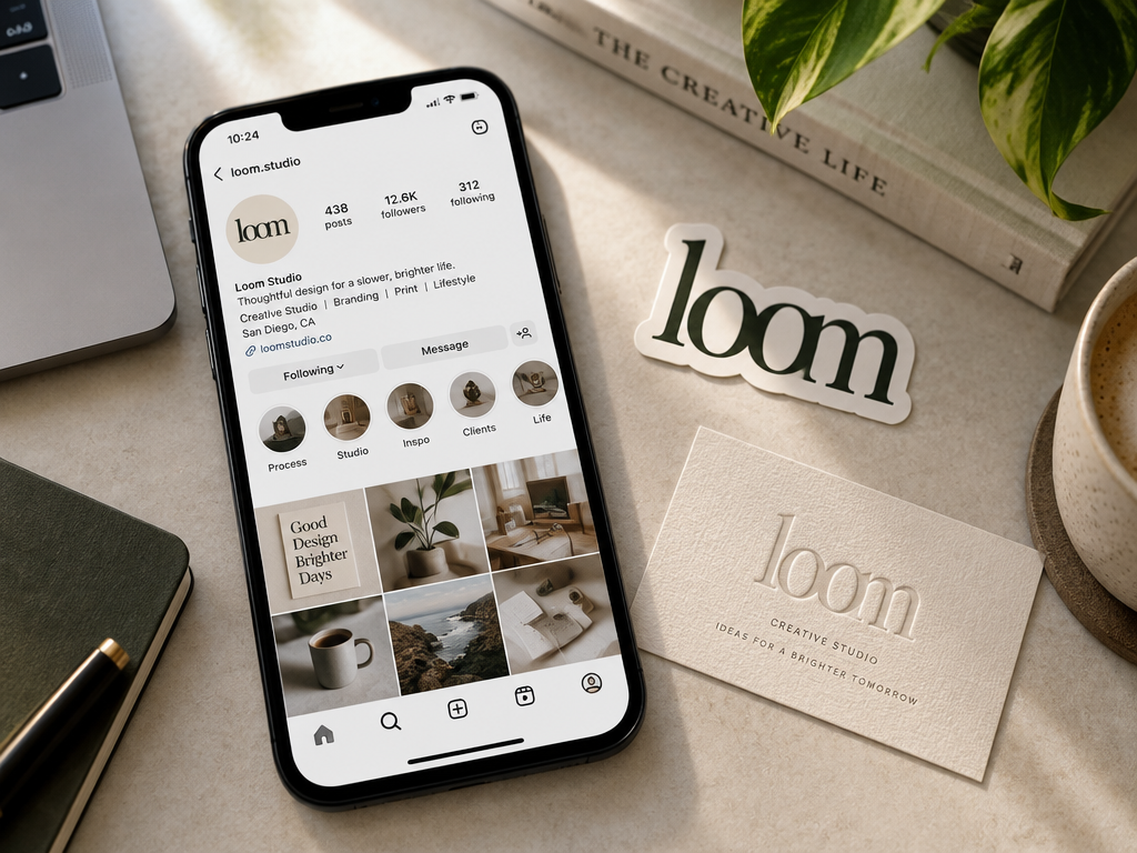 Modern smartphone showing an Instagram profile avatar transforming into physical branded merchandise on a creator desk