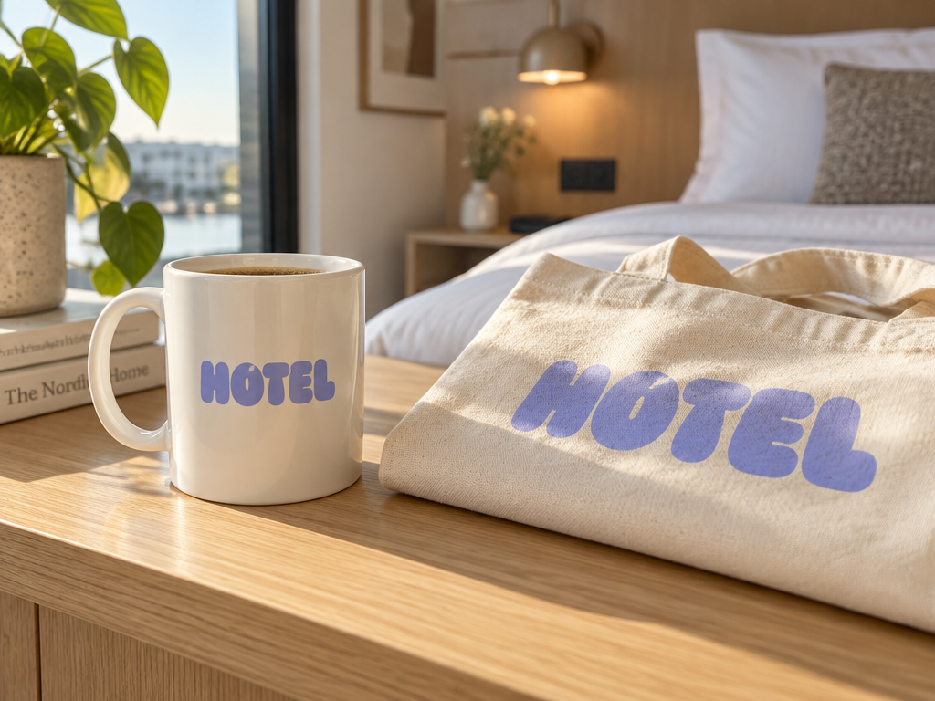 Creative hotel merchandise mockup featuring chunky lilac blue typography logo printed on a ceramic mug and cotton tote