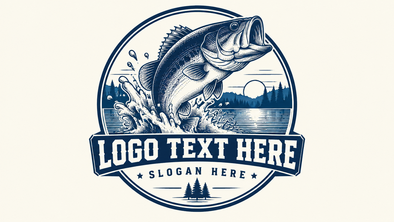 Classic vintage circular fishing club emblem logo design with jumping bass and typography on light background