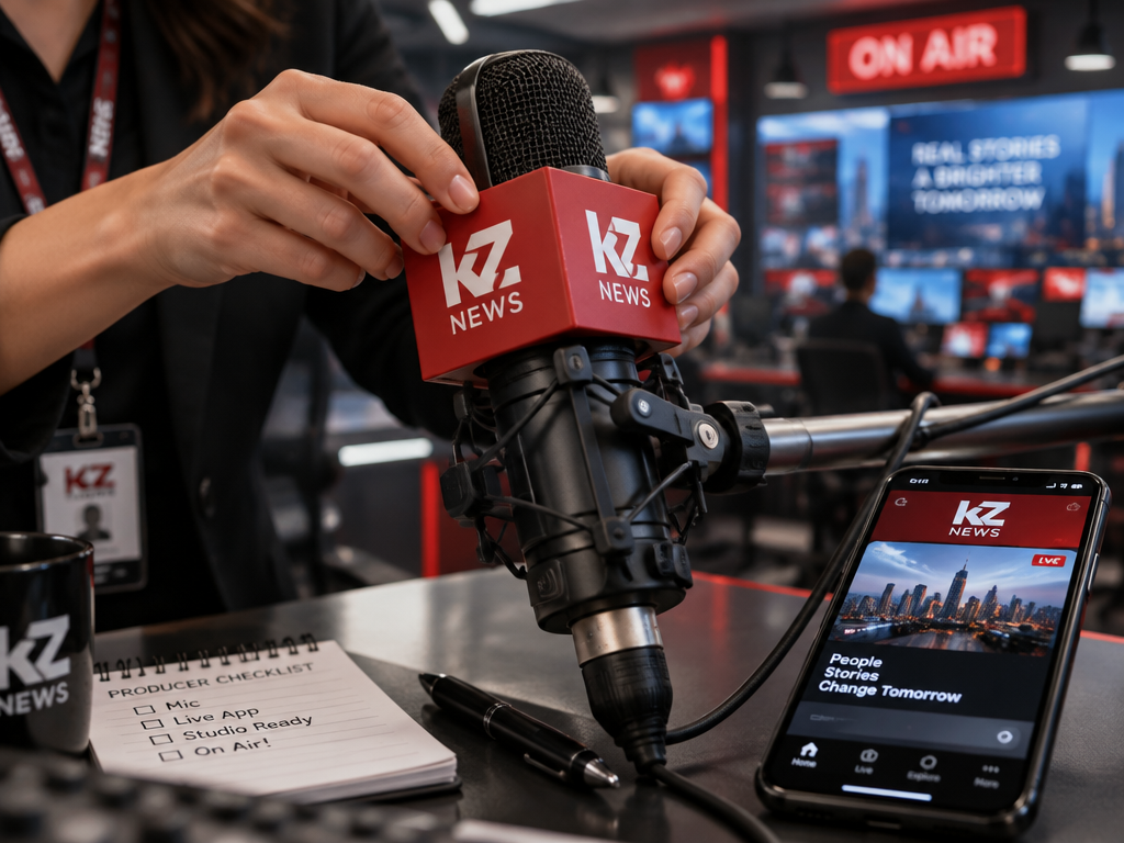 Journalist hands sliding a branded red microphone flag cube onto a broadcast mic alongside a live news app