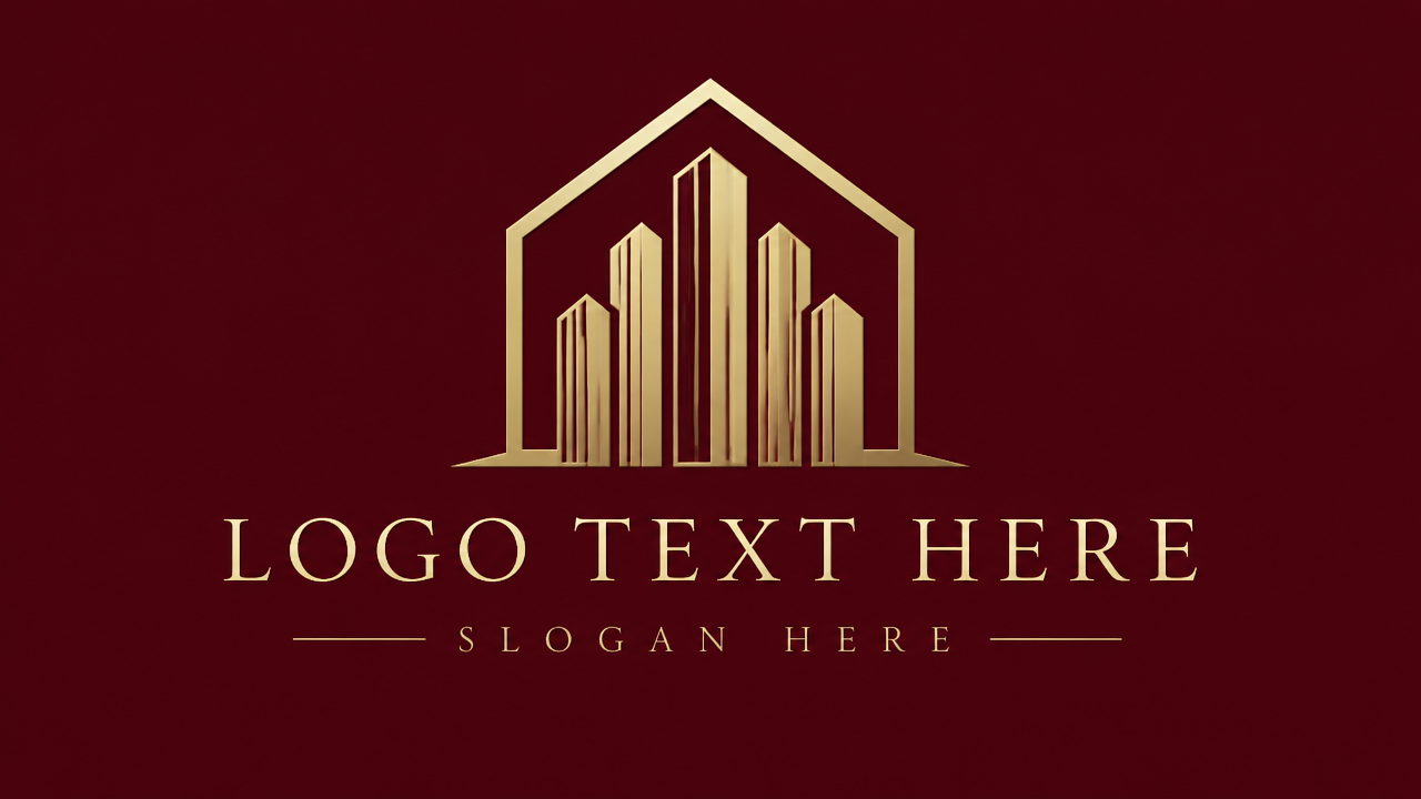 Luxury hotel logo design featuring golden geometric skyscraper line art on deep burgundy background