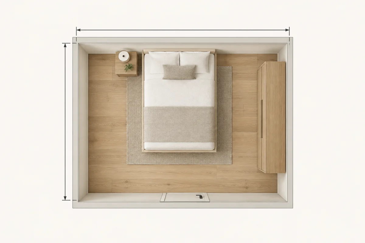 Overhead view of a rectangular bedroom with two perpendicular measurement directions