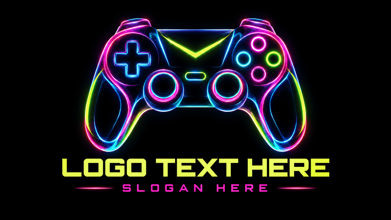 Glowing neon wireframe game controller logo design on dark black card for a gaming streame