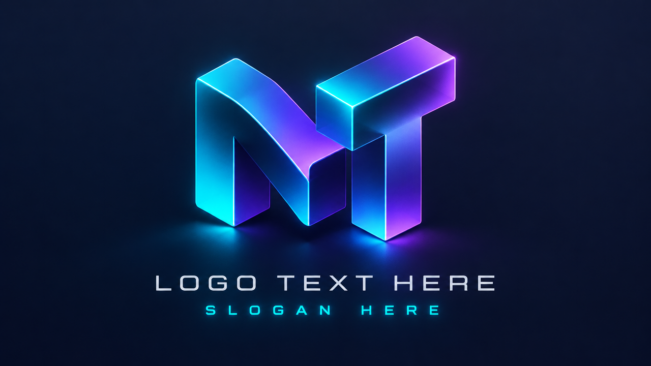 Modern futuristic 3D isometric MT lettermark logo design with vibrant cyber cyan and purple gradient