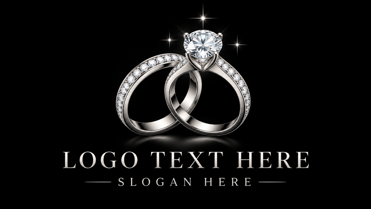 Luxury bridal jewelry logo design featuring interlocking wedding rings and a sparkling diamond on black background