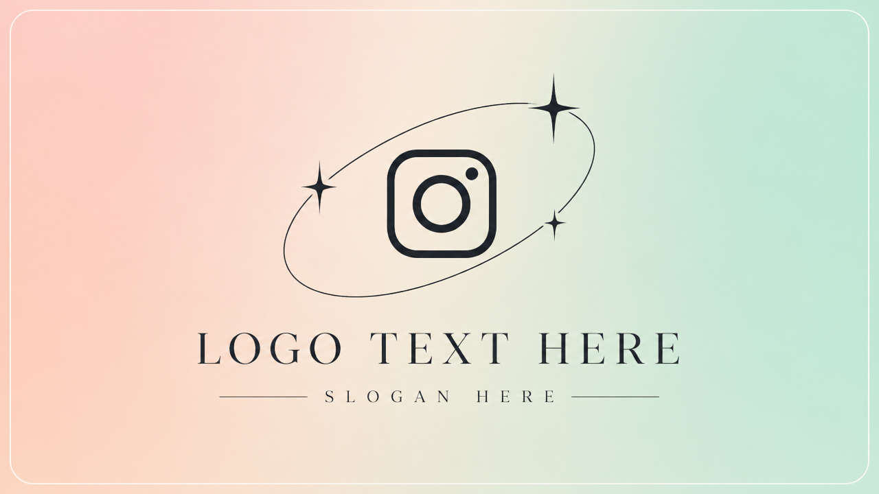 Aesthetic Y2K Instagram logo design with celestial sparkle stars and orbital ring on soft gradient card