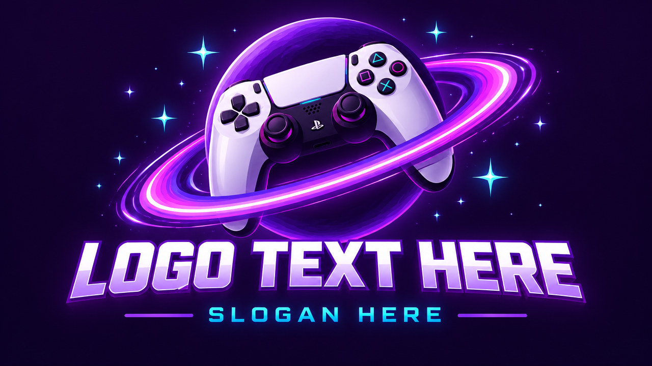 Space themed gaming logo design featuring a white controller encircled by a purple planetary ring on dark violet card
