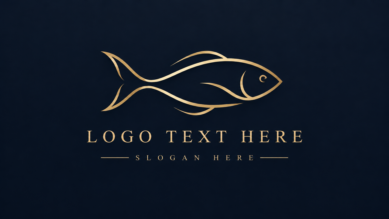 Minimalist luxury seafood restaurant logo design with elegant golden line art fish on dark navy background