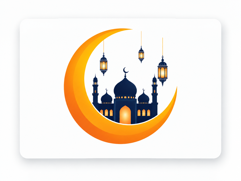 Clean vector Islamic logo template card featuring an orange crescent moon, navy mosque dome, and hanging line art lanterns