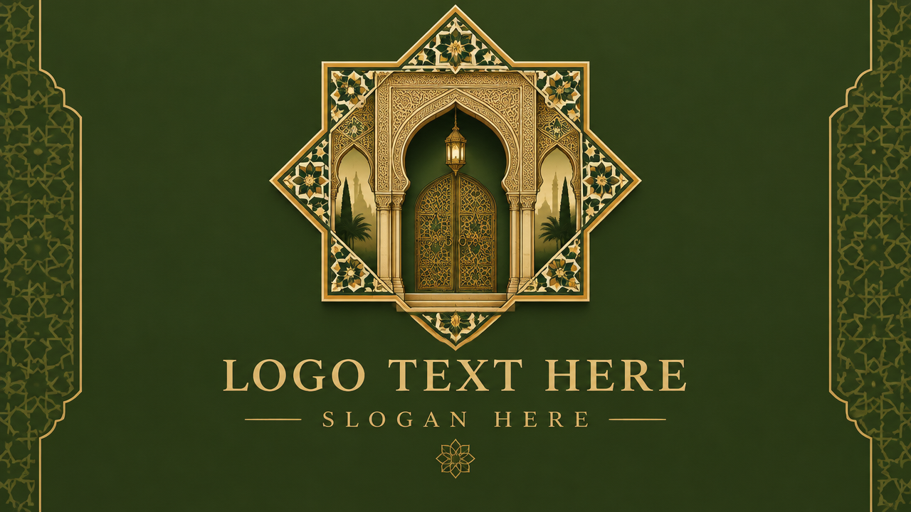 Islamic heritage logo design featuring an ornate mosque arched door within an arabesque geometric frame
