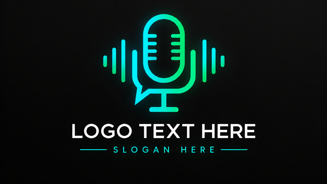 Modern tech news podcast logo design featuring a glowing cyan speech bubble microphone on dark background