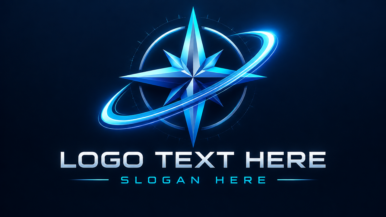 Modern 3D tech north star logo design with glowing blue gradients and orbital swoosh on navy background