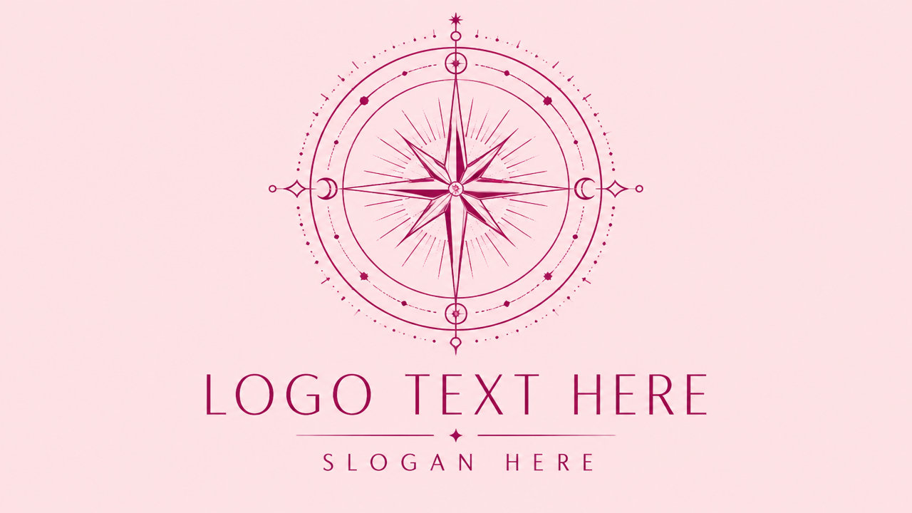 Delicate boho compass rose logo design with intricate geometric mandala star on blush pink card