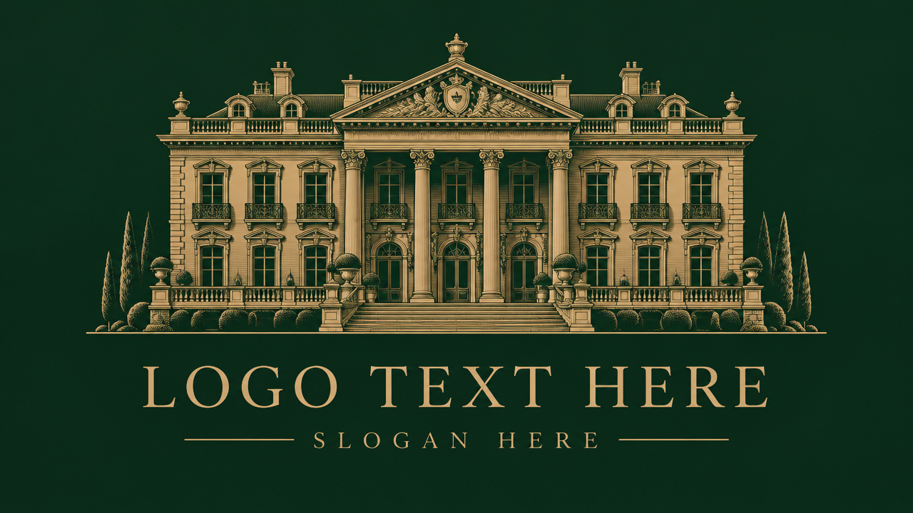 Vintage luxury hotel logo design with classical European mansion façade illustration on forest green background
