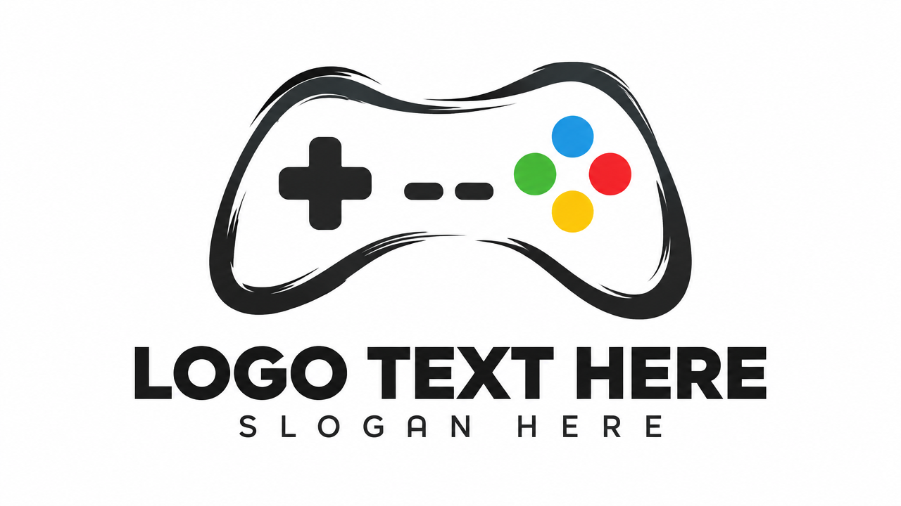 Minimalist gaming logo design with a fluid brushstroke controller outline and classic four-color buttons on white card