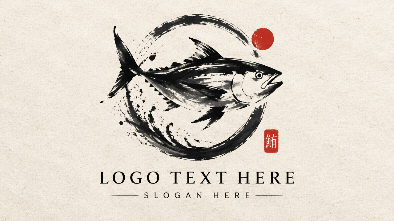 Traditional Japanese sumi-e brush stroke fish logo design for a sushi bar with oriental typography