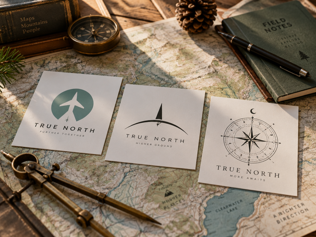 An expedition drafting table displaying multiple unique true north logo concept cards alongside maps and brass tools