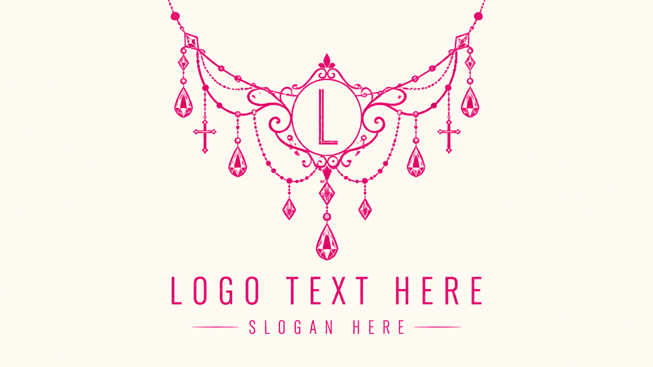 Minimalist jewelry logo design featuring a symmetrical magenta chandelier necklace line art with monogram on cream background