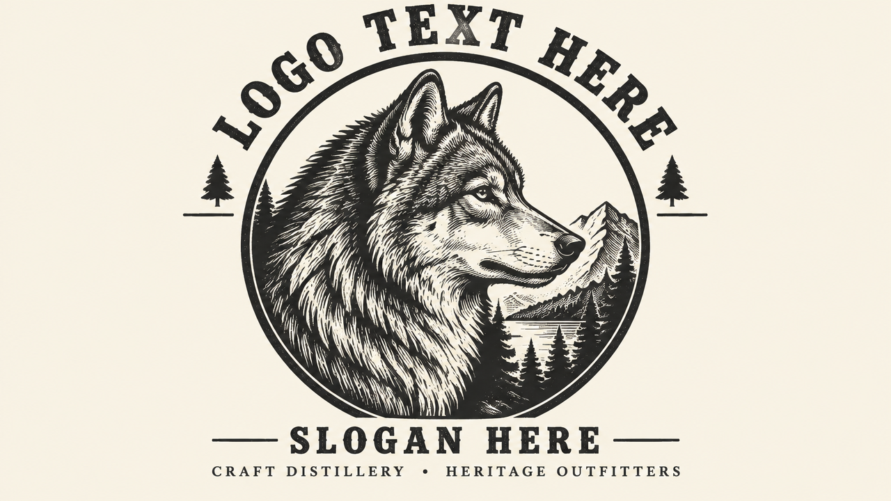 Vintage engraved alpha timber wolf circular crest logo design with detailed fur on cream card