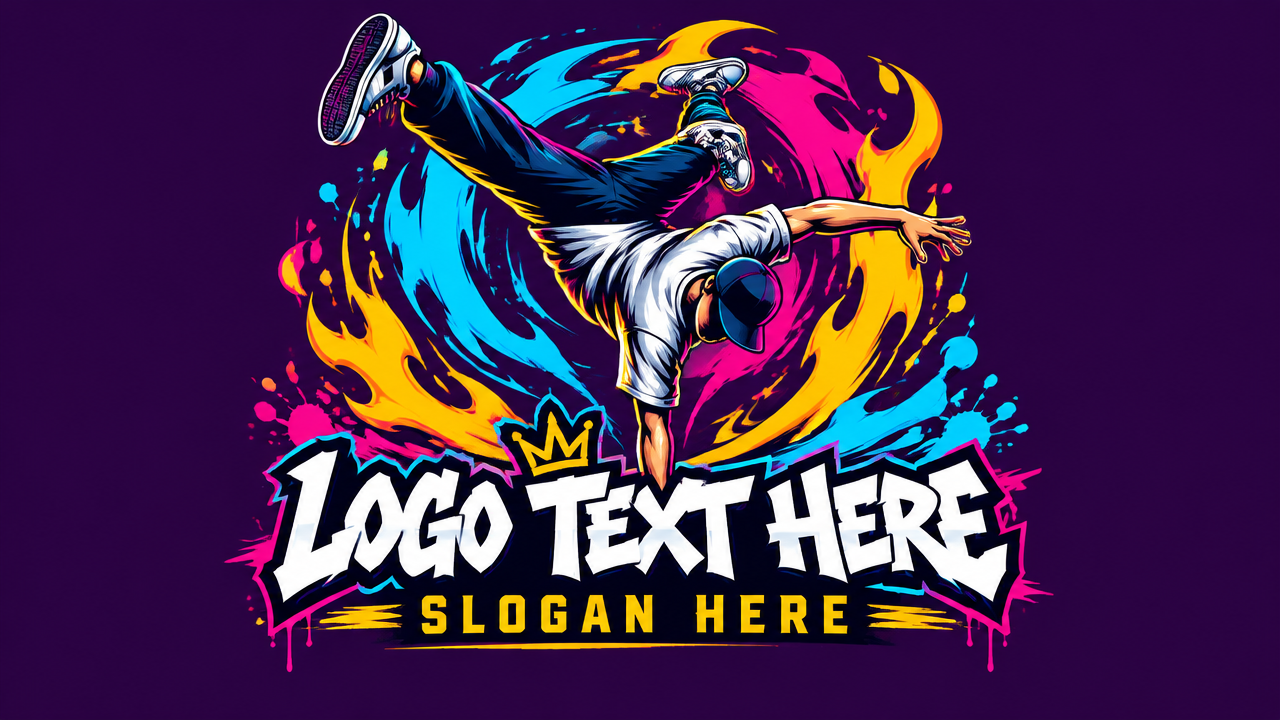 Dynamic street dance contest logo design featuring an acrobatic b-boy with flame energy waves on purple card