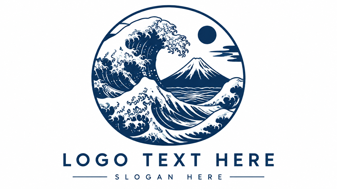 Traditional Japanese Ukiyo-e logo design featuring Mount Fuji framed by dramatic crashing ocean waves on white card