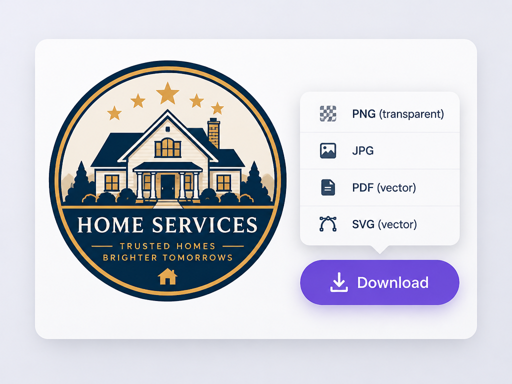 House logo design presentation card with instant download button and multi-format vector export dropdown menu