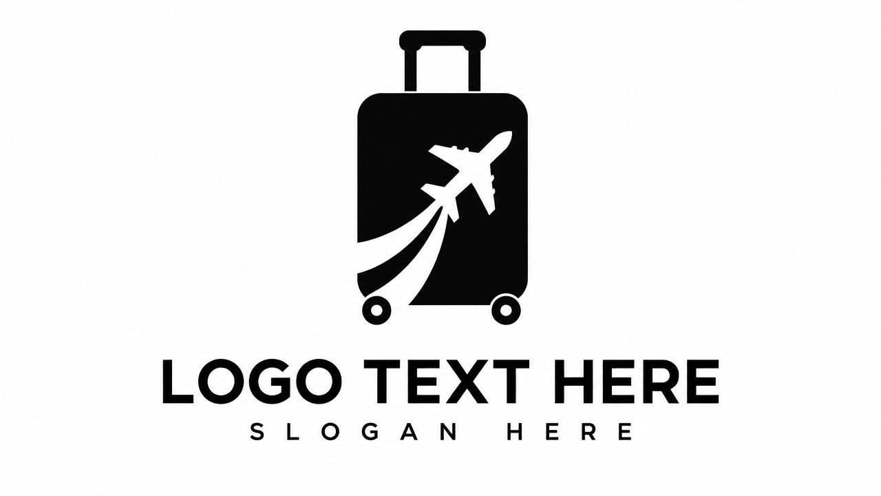 Minimalist travel logo design featuring a rolling suitcase with negative space airplane cutout on white card