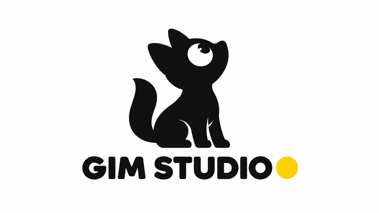 Minimalist black animal mascot and bold sans-serif studio logo design with yellow accent dot on white background