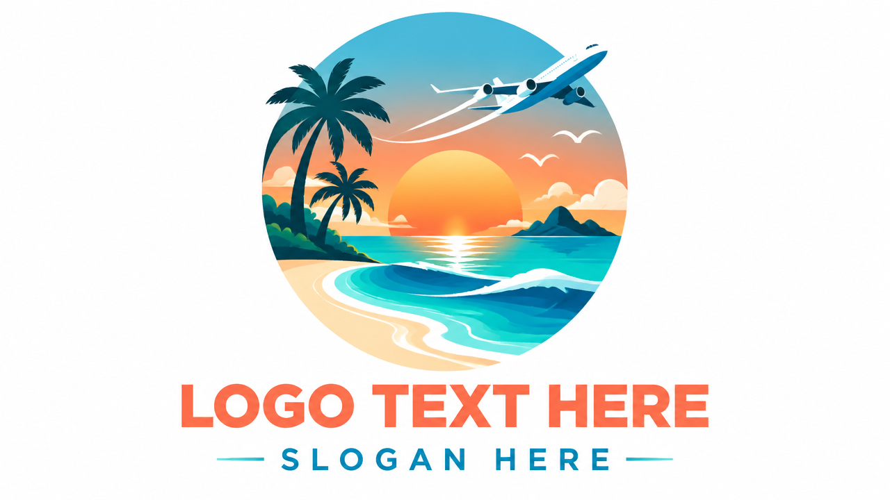 Serene coastal trip logo design featuring an airplane soaring over an orange sunset and ocean waves