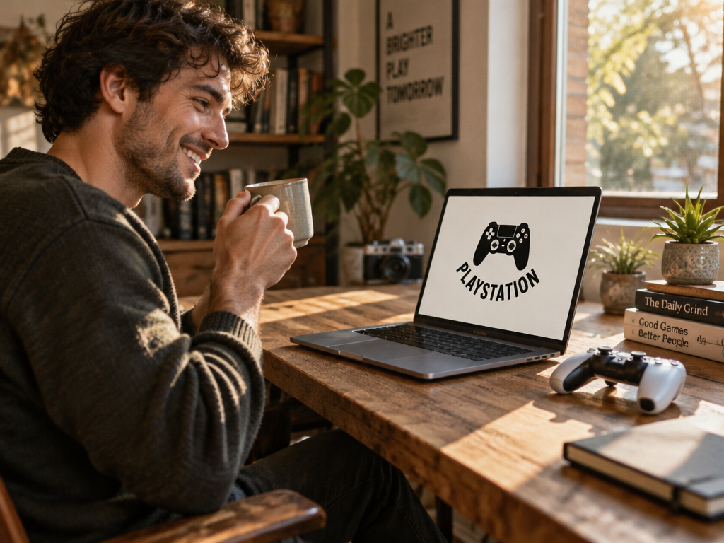 A creator smiling at a laptop displaying a minimalist black controller logo with arched typography on a sunlit desk