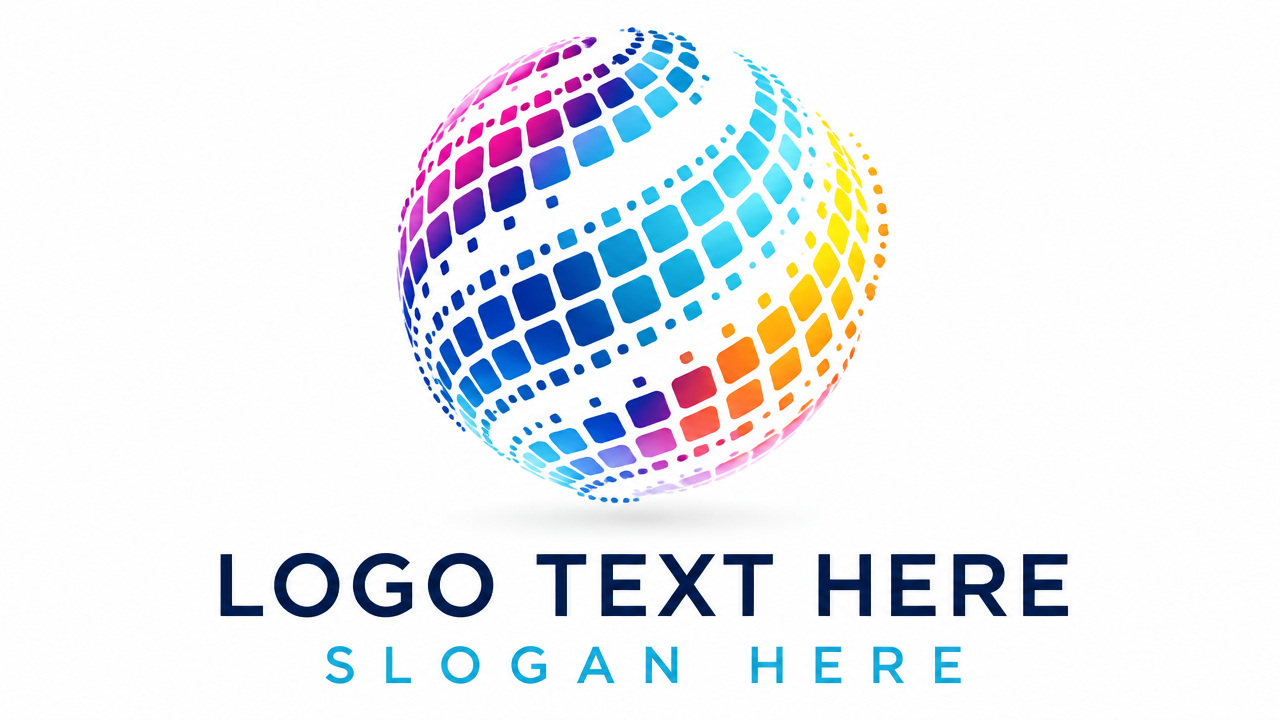 Modern AdTech advertising logo design featuring a multi-color 3D dotted globe on white card