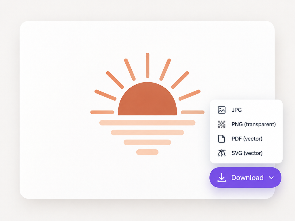 Sun logo design presentation card with instant download button and vector file format export menu