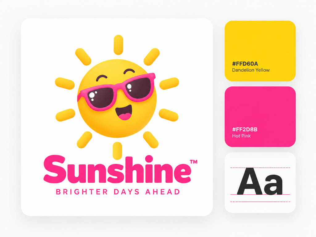 Minimalist UI layout card showing a cartoon sunglasses sunshine logo with matching yellow and pink color swatches and typography card