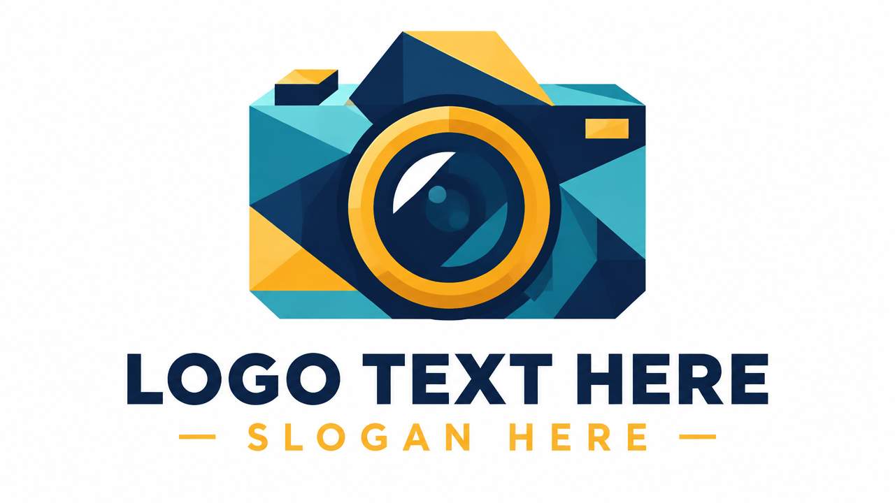Modern geometric photography and media studio logo featuring an isometric colorful camera on white background