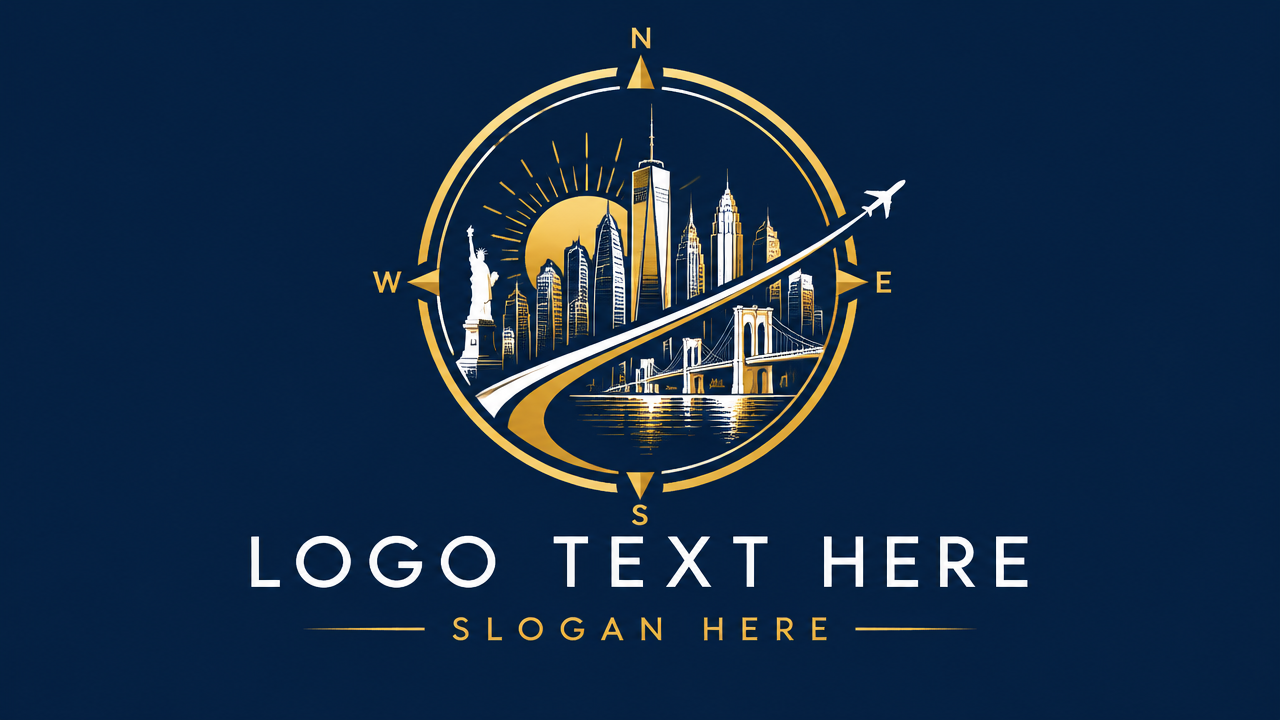 Vibrant city tour trip logo design featuring modern skyscraper skyline inside a compass circle on navy card