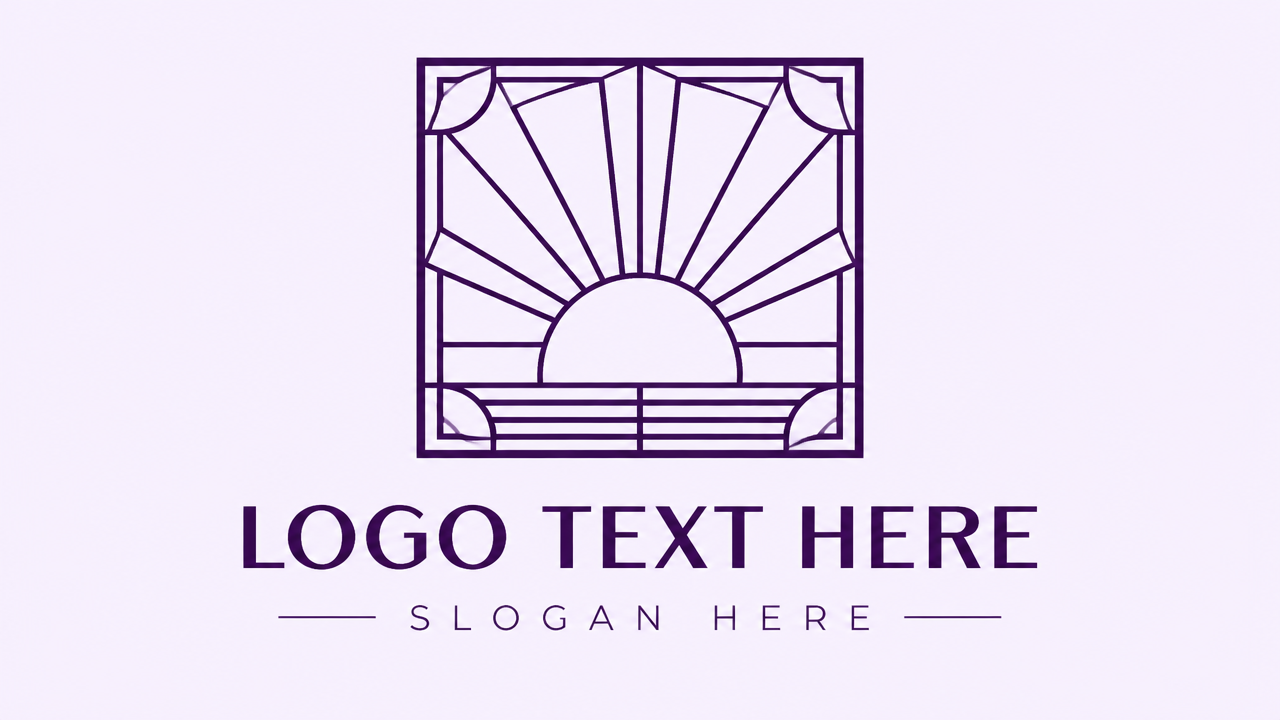 Elegant Art Deco geometric stained-glass sunshine logo design inside a square frame on lavender card