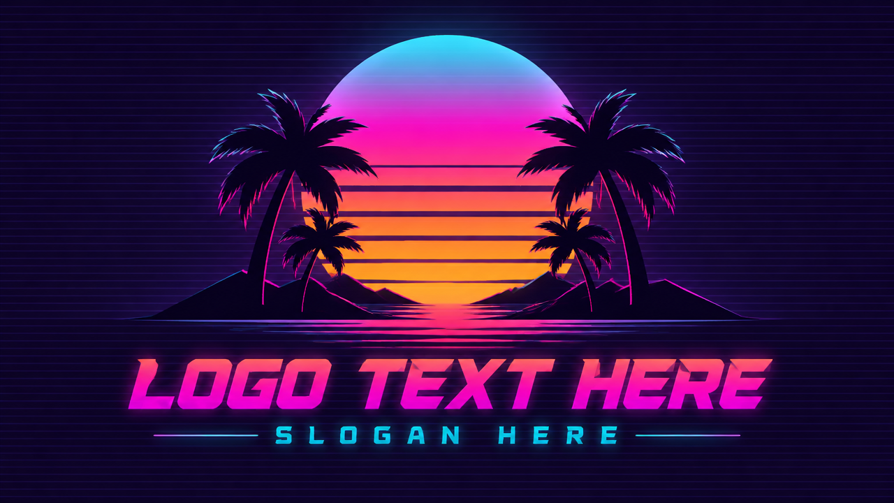 80s retro synthwave sunset logo design with striped neon sun and silhouette palm trees on dark purple card